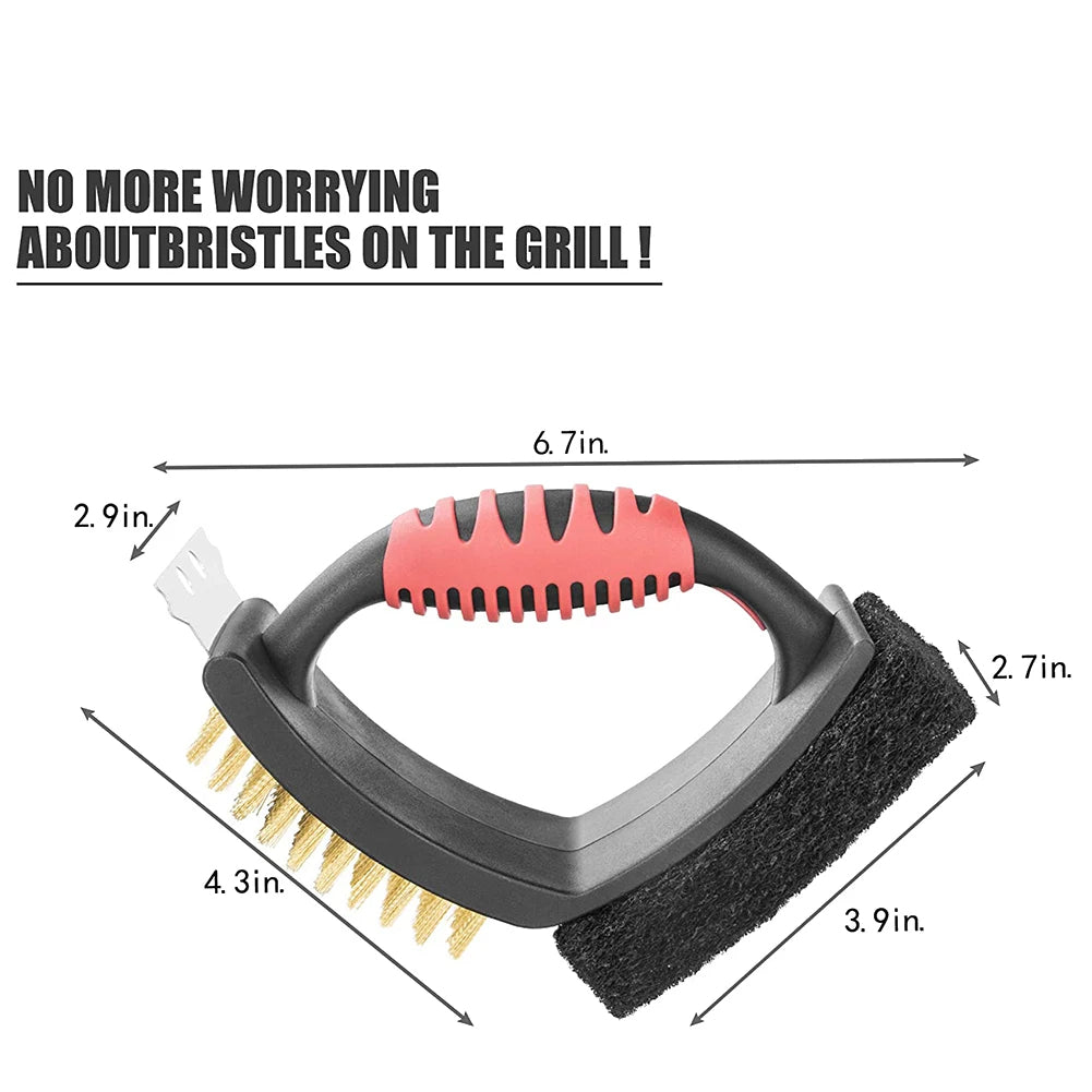 3-in-1 Brass Bristle Grill Brush with Scraper