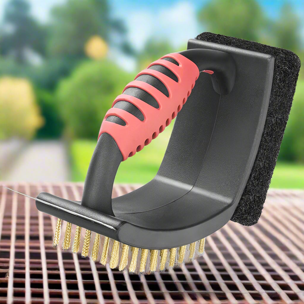 3-in-1 Brass Bristle Grill Brush with Scraper